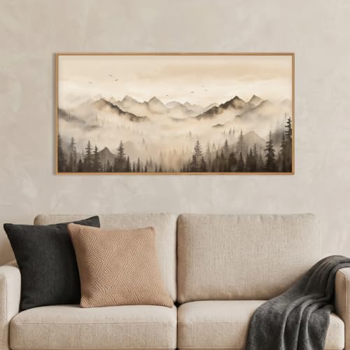 Celestdeco Neutral Misty Mountain Forest Framed Canvas Wall Art-40"x20"x1