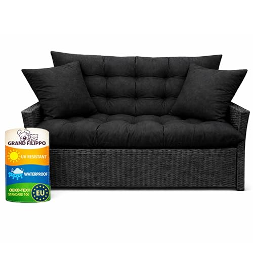 Filippo Sitzauflagen Gartenmöbel 120 x 50 x 60 cm Schwarz - Kissen Hollywoodschaukel mit Zwei Gartenkissen 45x45 cm - Beständig Gegen Schimmel – Handgefertigt Polster mit Befestigungsschnüre