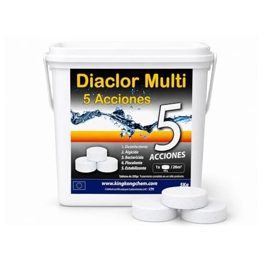 Cloro para Piscinas DIACLOR Multi 5 ACCIONES 5 KG - Envasado Individual - 25 Pastillas de Cloro Lento (200 gr- 7,5 cm Diámetro) - Tratamiento Completo 5 Efectos - SIN Cobre -