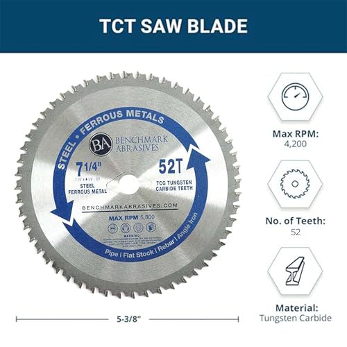 Benchmark Abrasives TCT 7 1/4 Inch Circular Saw Blade, Tungsten Carbide Tipped Metal Cutting Saw Blades for Cutting Metal, Stainless Steel, Ferrous Metals, Miter Saw Blade (7-1/4" 52 Teeth)