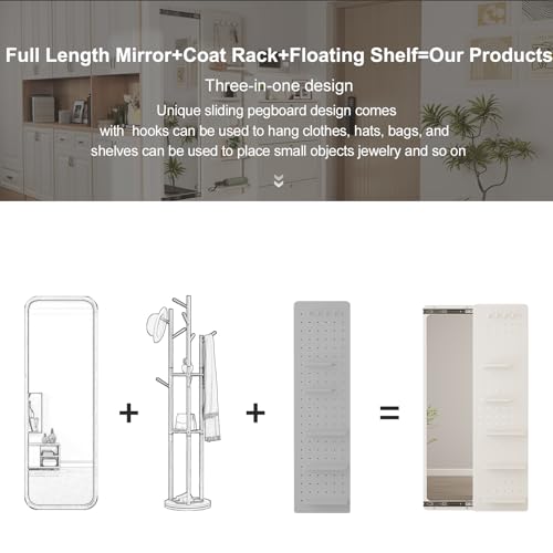 Image of KungFuWood Full Length Mirror with Shelf and Hooks,Entry Way Mirrors for Wall,Wall Mirror with Shelf,Wall Mirror with Storage Multifunctional Design Panel,Living Room (White, 63 inch L x 18 inch W)
