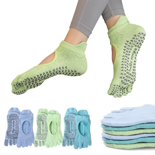 Image of Women's Non-Slip Pilates Yoga Socks, 5-Toe Breathable Cotton Sports Socks, For Pregnant Women, 3 Pairs