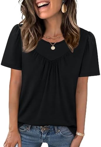 WIHOLL Womens Summer Tops Trendy Short Sleeve T Shirts Pleated Cr...