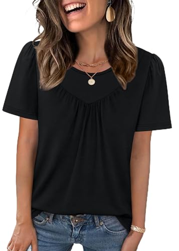 WIHOLL Womens Summer Tops Trendy Short Sleeve T Shirts Pleated Crewneck Tees Blouses Dressy Casual Outfits Fashion Clothing