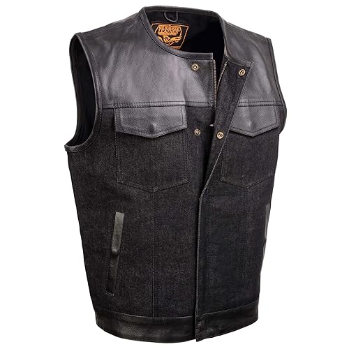 Milwaukee Leather MDM3003 Men's 'Brute' Concealed Snap Black Denim and Black Leather Club Style Vest w/Hidden Zipper
