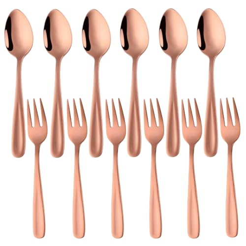 TEAHAHA 5.4 inch Stainless Steel Teaspoons Espresso Spoons and Dessert Forks Set, Set of 12，6 Forks and 6 Spoons, for Salad, Appetizer, Cake,Fruit (Rose Gold)