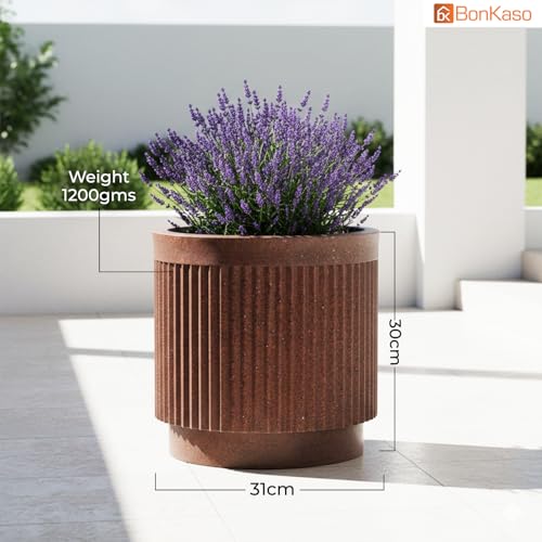 Image of Bonkaso 12 Inch Tokyo Plant Pot for Indoor & Outdoor Use | Lightweight Durable Polymer Flower Pot Gamla | UV & Weather Resistant Planter for Living Room, Balcony, Terrace & Garden (Antique Brown)