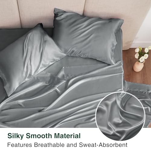 Love's cabin Satin Queen Sheets Set - 4 Piece Dark Grey Silky Bed Sheets with Deep Pocket, Luxury Silk Feel Satin Queen Size Sheet Set (1 Flat Sheet,1 Fitted Sheet,2 Pillow Cases)