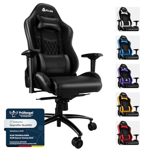 KLIM Esports Gaming Stuhl + Mit Lenden- und Nackenstütze + Verstellbar Gaming Sessel + Ergonomisch PC Stuhl + Kunstleder und Premium-Materialien + Schwarz Gamer Stuhl 2022 Version Gaming Chair