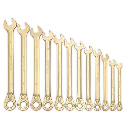 STARWORK 12 Pc. 6-Point Metric 15° Offset Vintage G-Plating Reversible Non-Slip Long Pattern Ratcheting Combination Wrench Set (8-19 mm) - Image 2
