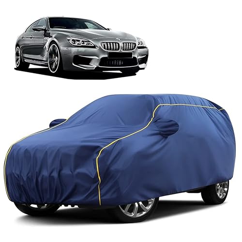 Image of Sulfar 100% Water Resistant Car Body Cover Compatible with Mirror for BMW ML (Triple Stitched, Full Bottom Elastic, Blue Taffeta with Yellow Piping)