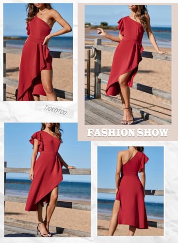 Image of Dokotoo Womens One Shoulder Sleeveless Ruffle Empire Waist Asymmetrical High-Low Bodycon Formal Wedding Guest Midi Dresses
