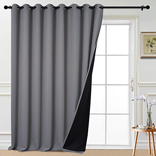 Image of Yakamok Grey 100% Blackout Patio Door Curtain Panels W100 x L108, 1 Panel | Noise Reducing Barrier Panel for Sliding Glass Door, 2 Thick Layers Heat Full Light Blocking Patio Door Drapery