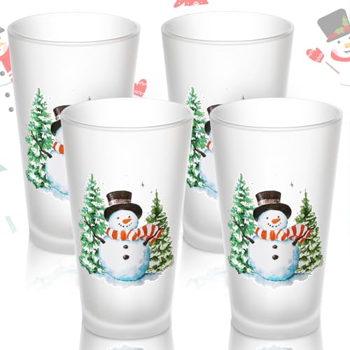 Sliner 4 Pcs Christmas Glass Cups Snowman Highball Glass Cups 16 oz Cups Christmas Tree Tapered Cooler Glass Drinking Glasses Set for Christmas Winter Juice Cocktails Iced Coffee Iced Tea