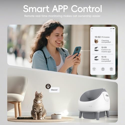 Image of Open-Top Self Cleaning Cat Litter Box, Automatic Cat Litter Box, APP Control,Upgraded Safety Protection, Includes 1 Roll Waste Bag, Grey