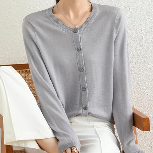 Image of Women's 100% Merino Wool Crew Neck Cardigan Sweater Top Long Sleeve Button Down 2025