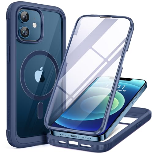Image of Miracase Glass Series Designed for iPhone 12 /12 Pro 6.1 Inch, Upgrade Full-Body Magnetic Case with Built-in 9H Tempered Glass Screen Protector, with Camera Lens Protector, Magnetic Blue