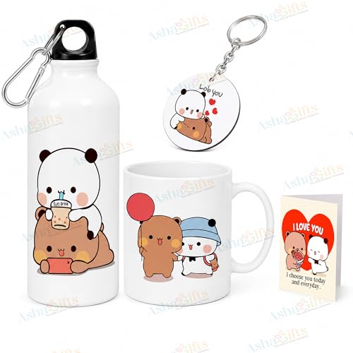 Image of Bubu Dudu Love Gift for Birthday /Anniversary Sipper Water Bottle Aluminium with Coffee Mug, Wooden Keychain Combo Pack Mini Greeting Card (Design-1)