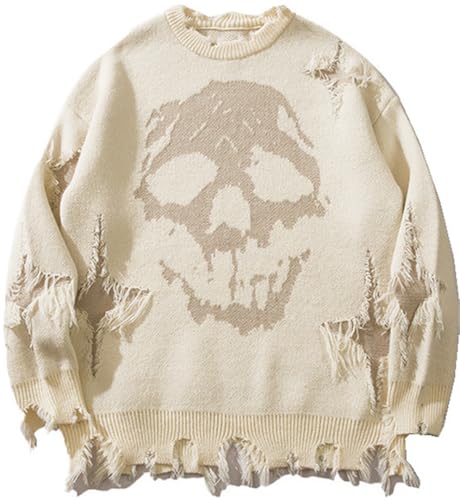 Men's Oversized Skull Y2K Sweater Graphic Long Sleeve Crewneck Knit Jumper Pullover