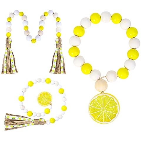 Anntool Wood Bead Garland, Yellow Farmhouse Rustic Beads with Jute Tassel, Lemonade Slice Summer Home Natural Country Chic Décor for Coffee Table, Tiered Tray Cover
