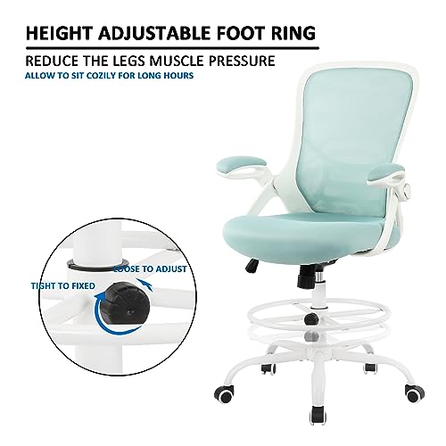 Image of HYLONE Drafting Chair Tiffany Blue, Tall Office Chair Standing Desk Stool with Adjustable Height, Foot Ring, Flip-Up Arms, Mesh High-Back Office Chair, White