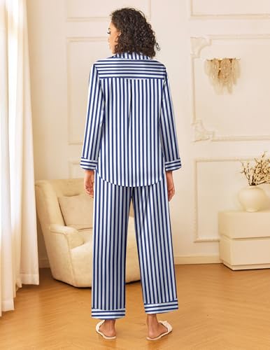 Image of Ekouaer Womens Silk Satin Pajama Sets 2 Piece Sleepwear Pjs Set Long Sleeve Button Down Top and Pants Stripe Loungewear S-XXL