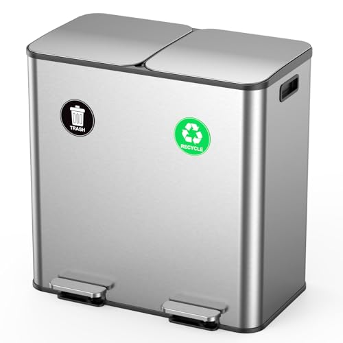 Lovewind Dual Trash and Recycling Bins for Kitchen, 2 * 11-Gallon Stainless Steel Double Trash Can, Step-On Garbage and Recycle Combo, Quiet Close, Pet-Proof, Compatible with 13-Gallon Bags, Silver