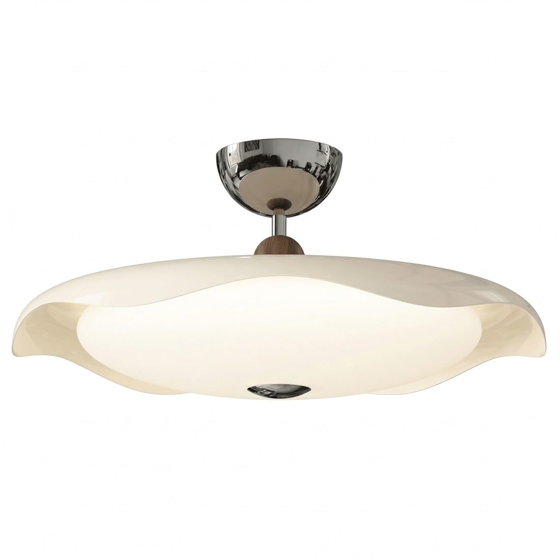 Mid-Century Space-Age Style Ceiling Light, Elegant Petal Saucer Silhouette with Sophisticated Walnut Wood Grain Tone Ball, Creamy Opal Shade, Flush Mount Fixture for Living Room(19.69"(50cm))