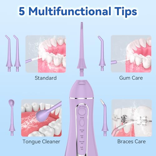 Image of Cordless Portable Water Flosser with 300ML Tank: Rechargeable Oral Irrigator with 5 Tips for Travel, Braces Care and Sensitive Gums, IPX7 Waterproof Teeth Cleaning Device(Purple)