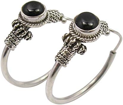 Real Black Onyx Tribal Style Hoop Earrings 1.2" 925 Fine Silver