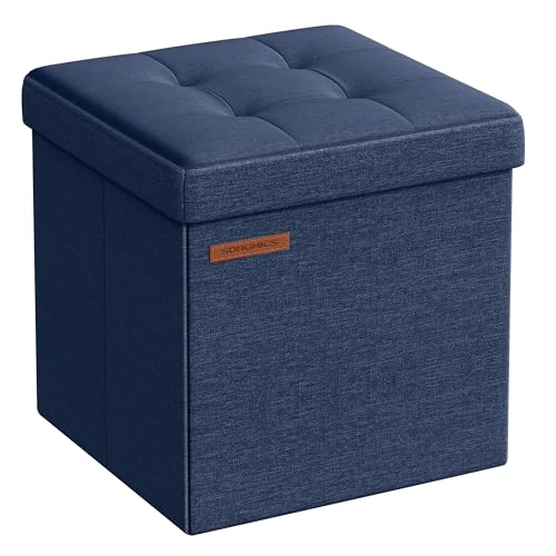 SONGMICS Storage Ottoman, Foldable Small Ottoman Foot Rest, 11.8 Inches Foot Stool, Cube Ottoman with Storage, Load up to 286 lb, for Living Room, Bedroom, Dorm, Midnight Blue ULSF028Q02