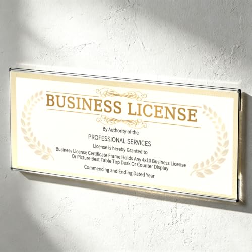 Yncotte Business License Frame 1 pcs Acrylic Clear Certificate Holder for 4x9 Business License Certificate Desk/Table Top Display 4x10 Inch (Wall-mounted)