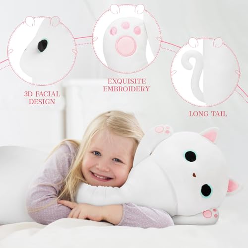 Image of MaoGoLan 44'' Cat Plush Body Pillow, Giant Glow in The Dark Cat Stuffed Animal Pillow for Girl Boy Kid, Long Cute Kitty Plush Pillow for Birthday Gift, Baby Shower Party Decor, White