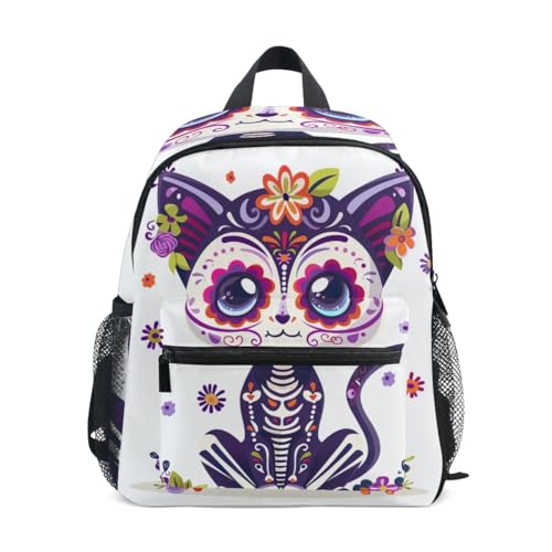 Toddler Backpack for Boys Girls, Sugar Skull Cat Cute Travel Backpack with Name Tag Mini, 3-8 Years