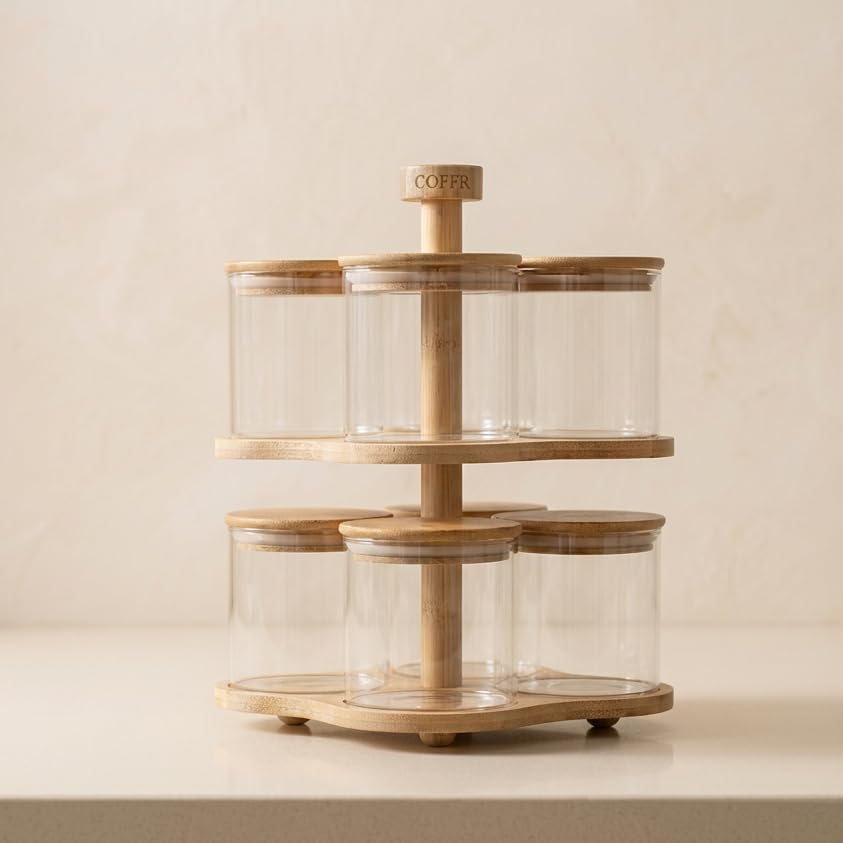 Image of Rotating 2-Tier Borosilicate Glass Spice Jar Set of 8 | 370ml Each | Airtight Lids | Revolving Stand | Masala Storage for Indian Kitchen | Lead-Free