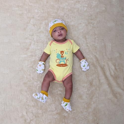 Image of TINYLANE - Curated For You! Newborn Baby Gift Set, New Born Baby Clothes 0-6 Months, Bodysuit with Cap, Mittens and Washcloth, Pack of 8 | Breathable | Breathable