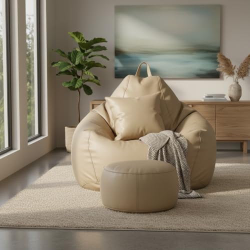 Image of KAM'S LIEU 6XL Jumbo Premium Bean Bag Chair with Footrest & Cushion | Filled with High Density EPS Beans | Comfortable Sofa for Living Room & Bedroom | 6 Months Warranty, Color- (Cream, 6XL, Premium)