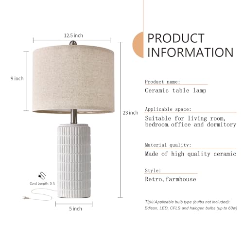 Image of PoKat 23 inch Table Lamp, Farmhouse Bedside Lamps for Bedroom Set of 2, Ceramic End Table Lamps for Living Room, Traditional Nightstand Desk Lamps, Frosted White Lamps, Medium