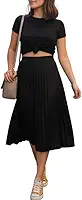 Saia Midi Plissada Feminina, Cintura Elástica, Estilo Elegante