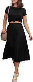 Saia Midi Plissada Feminina, Cintura Elástica, Estilo Elegante