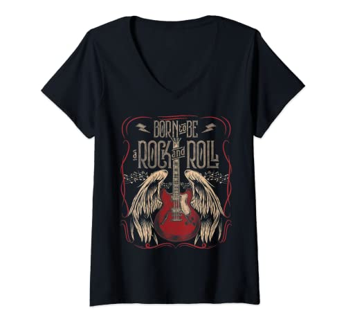 Femme Vintage Retro Style 80s Guitar with Wings Rock and Roll T-Shirt avec Col en V