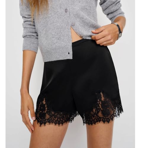 Lace Trim Silk Satin Mini Slip Shorts Women Low Rise Micro Pajama Shorts Patchwork Going Out Lounge Bottoms3