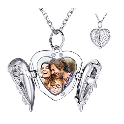 SILVERCUTE Personalized & Engraved Locket Necklace with 18" Chain -Angel Wings Locket, Custom Heart Locket Pendant that Holds Picture, Sterling Silver