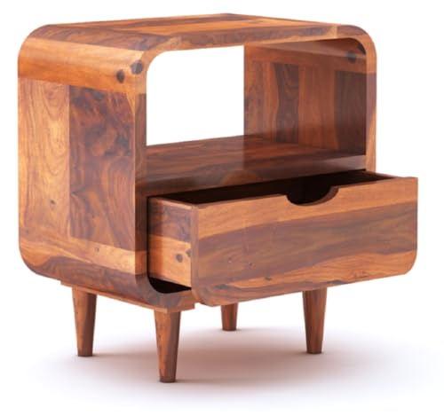 Image of Furniture Solid Sheesham Wood Bedside End Table with 1 Drawer and 1 Open Shelf Storage for Bedroom Wooden Nightstand Table Home Office (Honey Finish)