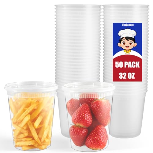 Enjamyo 50 Sets Deli Containers with Lids, 32 Oz, Plastic