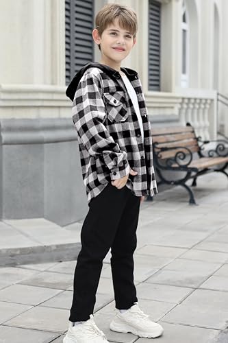 Cromoncent Boy's Long Sleeve Hoodie Jacket Button Down Plaid Flannel Shirt,Hooded White Black,5-6Y = Tag 130 — view 6