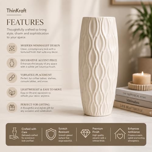 Image of Ceramic Flower Vase, Off White, Tall Cylindrical Shape, Embossed Wave Texture Pot, 23 cm, for Artificial Flowers and Dried Pampas Grass (only Vase) (Wavy Embossed)