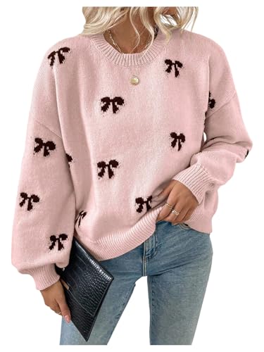 Women's Y2K Bow Print Sweater Crewneck Long Sleeve Drop Shoulder Knit Pullovers Sweaters