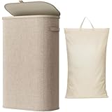 Lifewit Slim Laundry Basket with Lid, Narrow Laundry Hamper with Plastic Handles and Removable Bag, Tall Foldable Dirty Clothes Hampers for Laundry Room, Bedroom, Bathroom, Dorm, 65L Beige