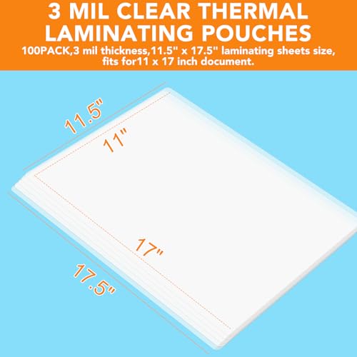 Image of CAREGY 100 Pack Laminating Sheets, Hold 11 x 17 Inch Sheet, 3 Mil | Clear Thermal Laminating Pouches 11.5 x 17.5 Inch Lamination Sheet Paper for Laminator, Round Corner